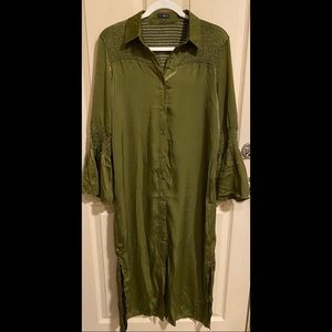 NWOT Green Shirt dress midi duster bell sleeve L